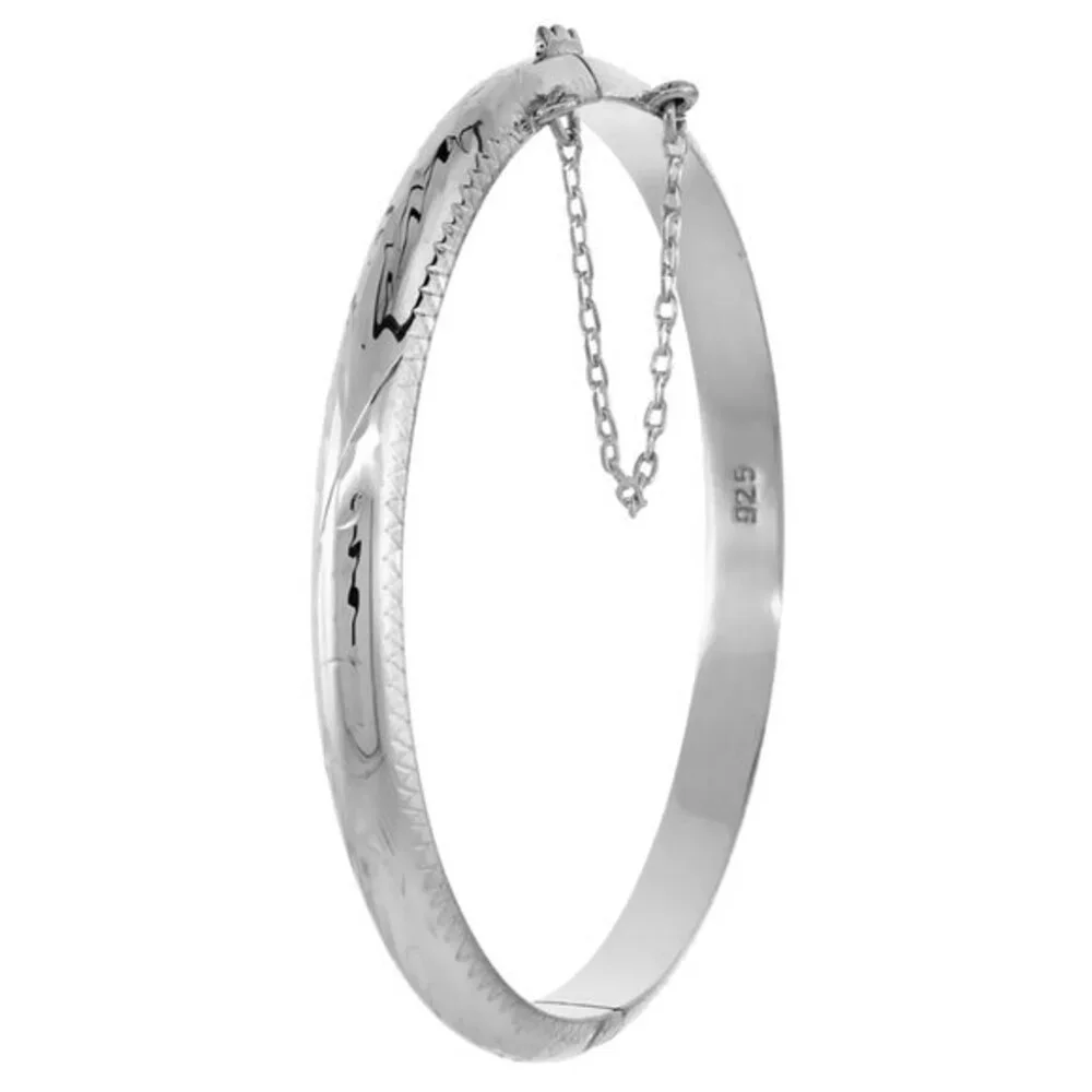 New 6 inches Sterling Silver Baby Bangle Floral Engraving Safety Chain 5mm